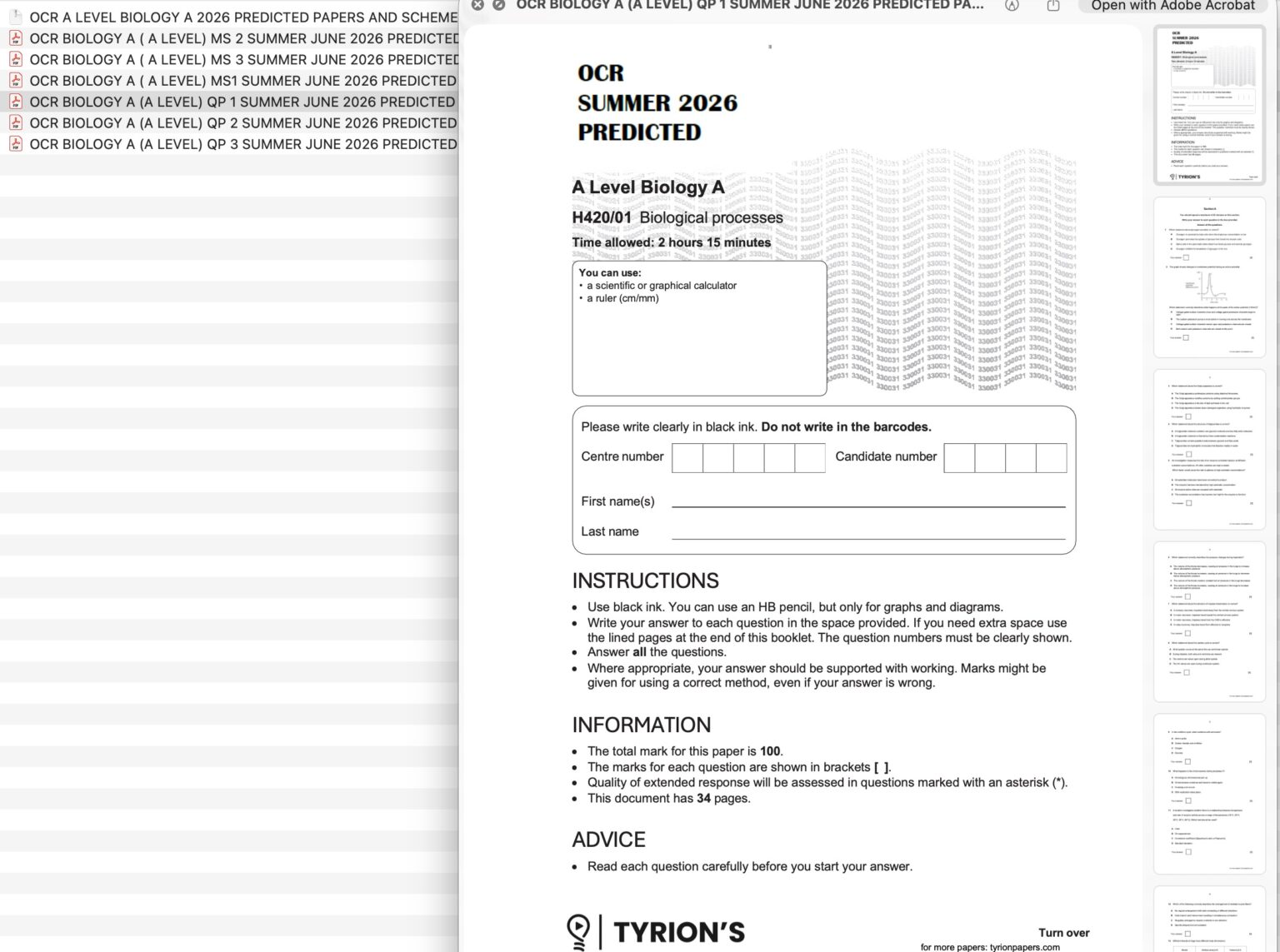 OCR A Level Biology A 2026 Predicted Papers H420 - Tyrion Papers