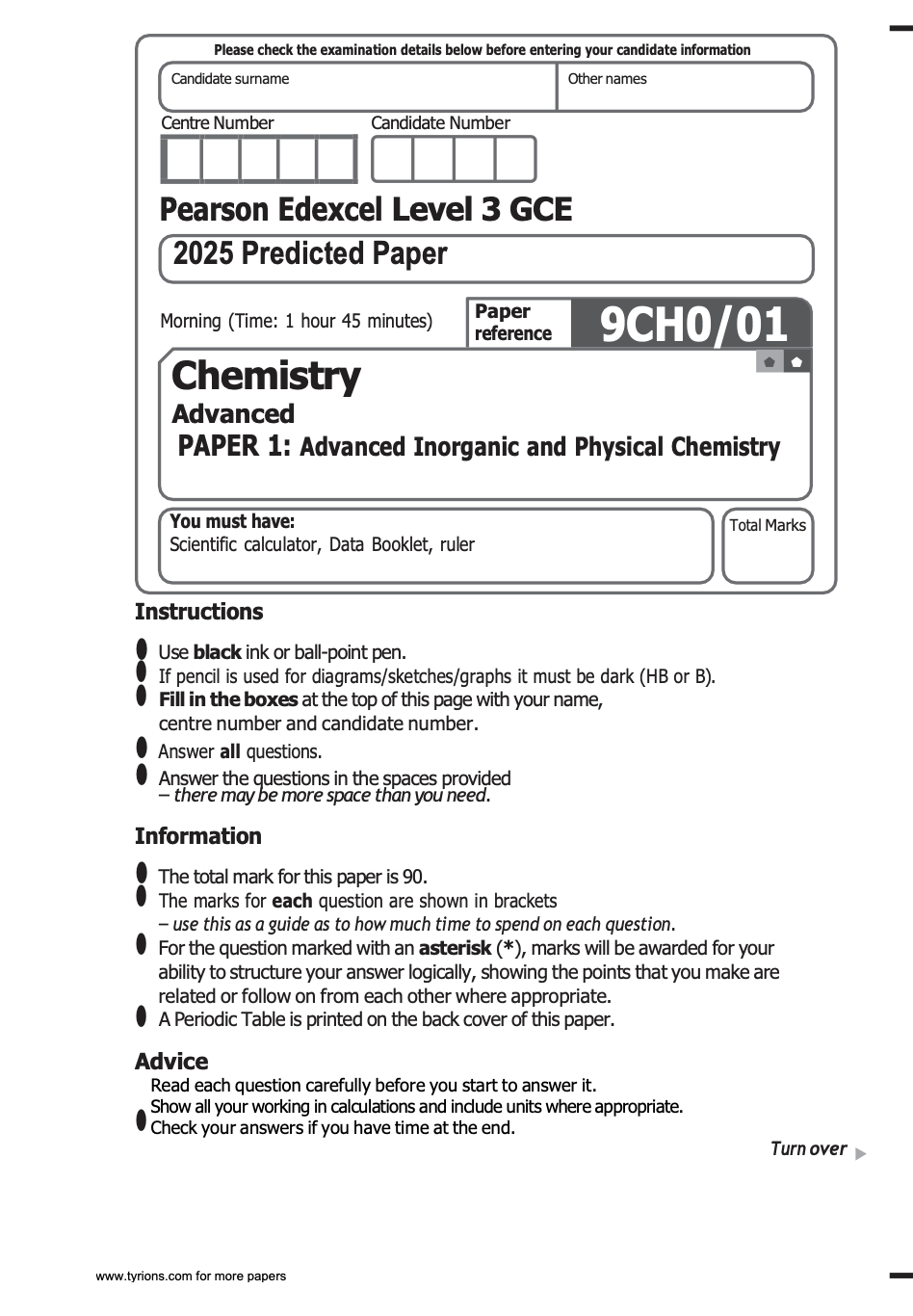 Edexcel A Level Chemistry 2025 Predicted Papers 9CH0
