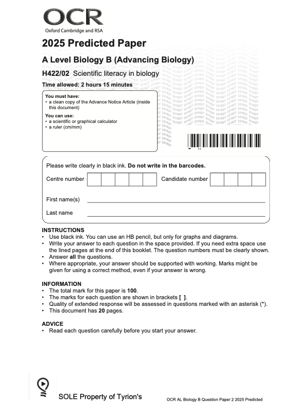 OCR A Level Biology B 2025 Predicted Papers H422