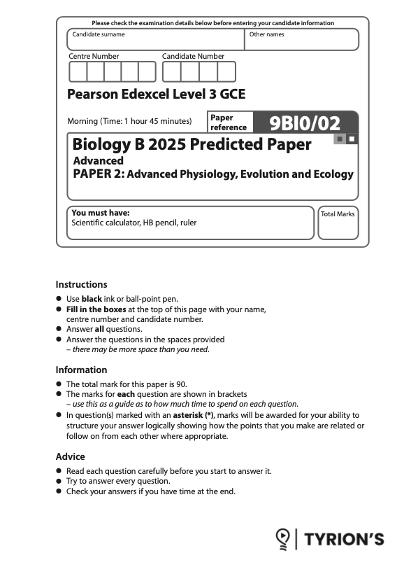 Edexcel A Level Biology B 2025 Predicted Papers 9BI0