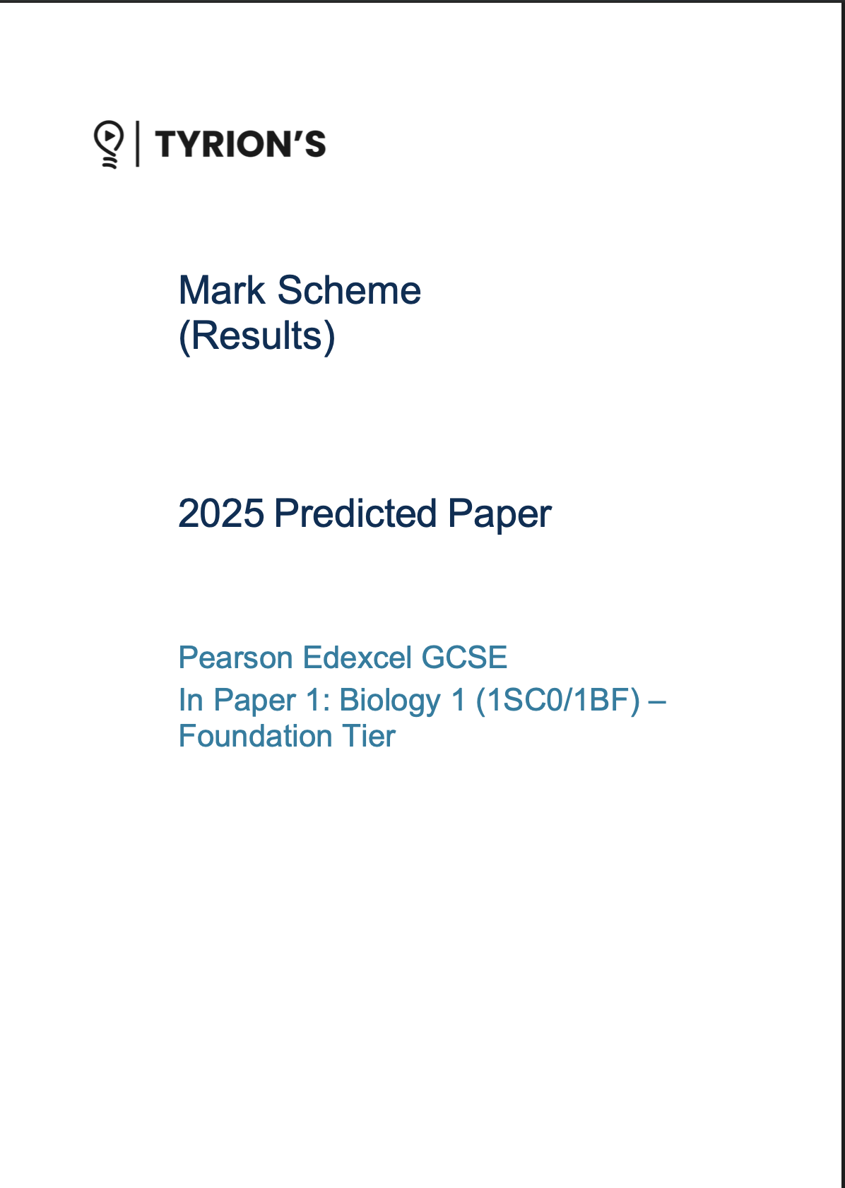 Edexcel GCSE Combined Science Foundation 2025 Predicted Papers 1SC0