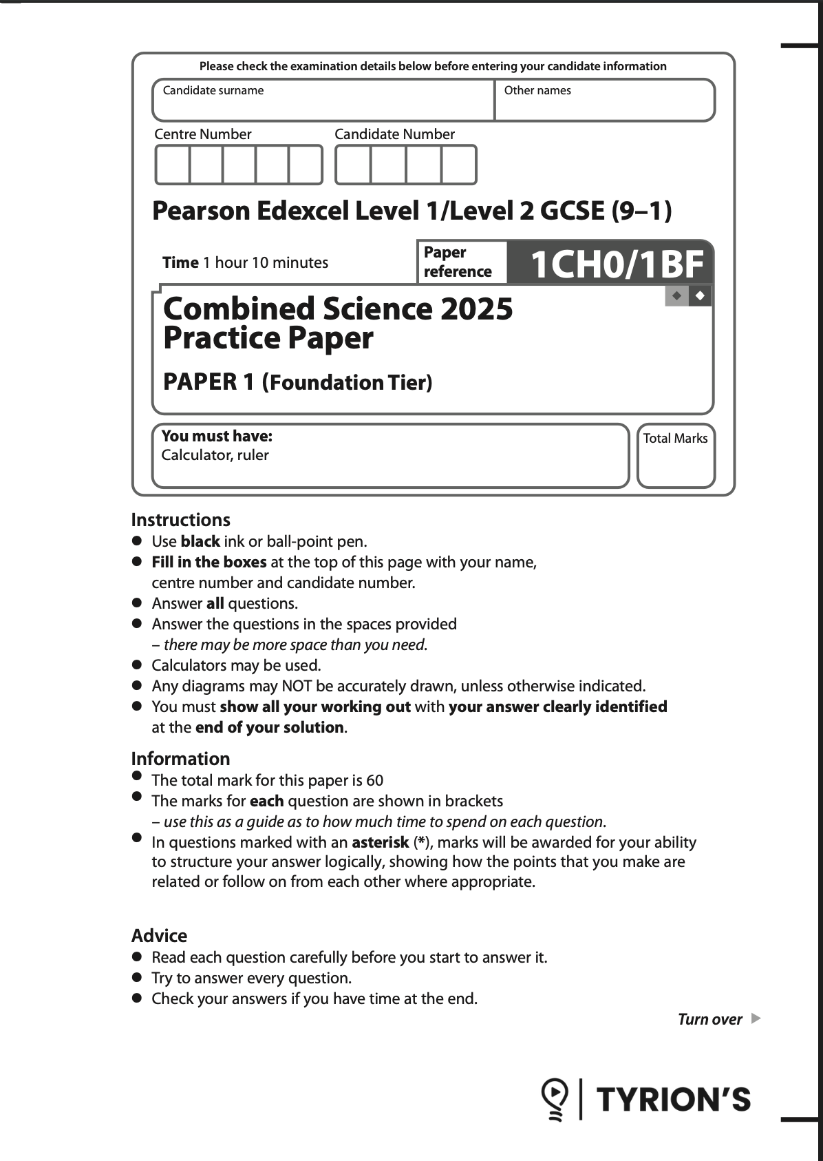 Edexcel GCSE Combined Science Foundation 2025 Predicted Papers 1SC0