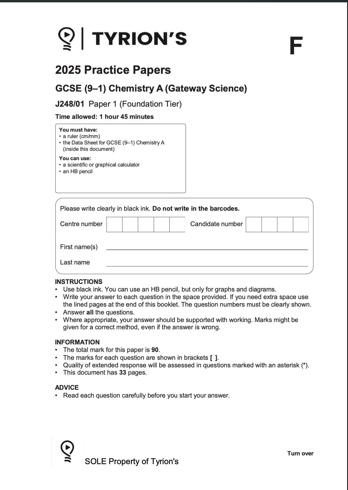 Edexcel GCSE Chemistry Foundation 2025 Predicted Papers 1CH0