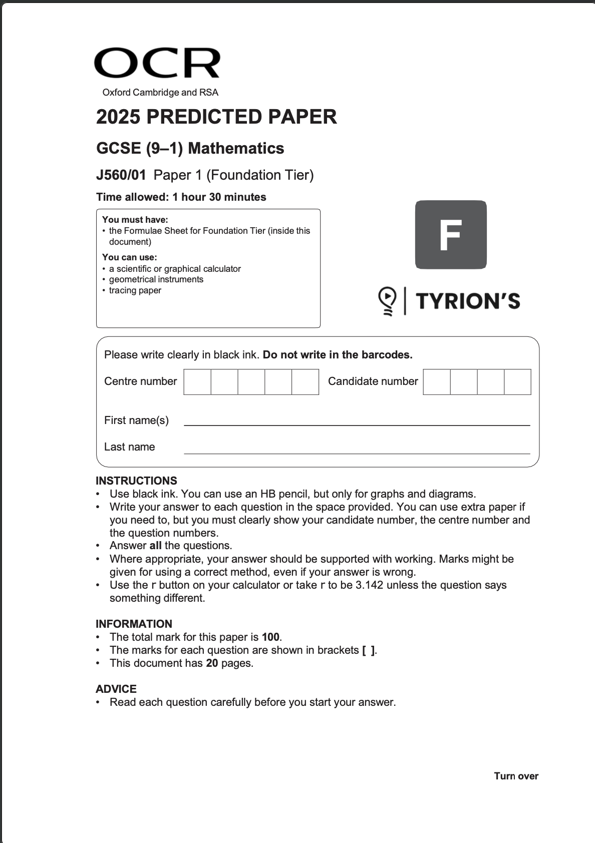 OCR GCSE Mathematics Foundation 2025 Predicted Papers J560