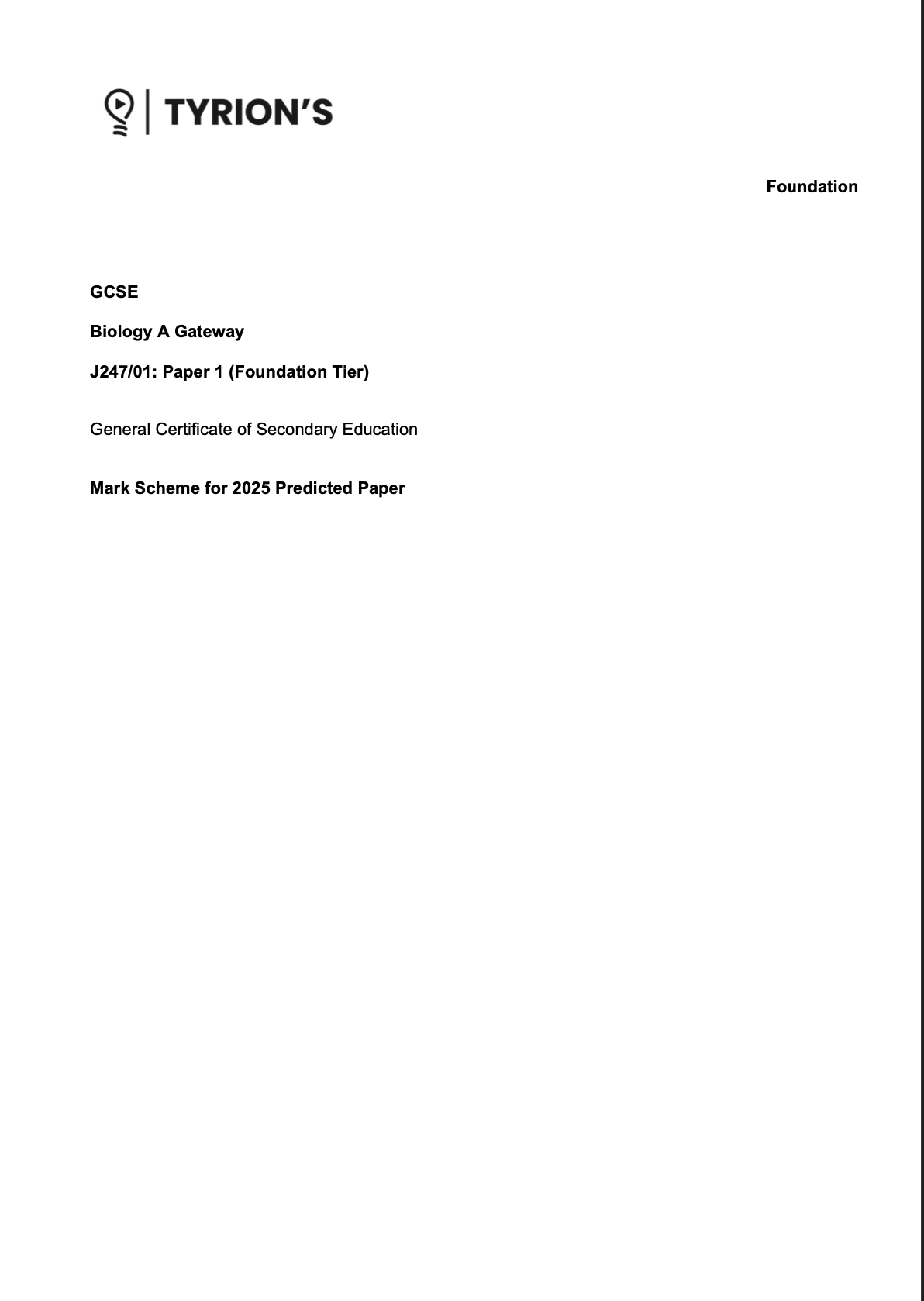 OCR GCSE Biology A Foundation 2025 Predicted Papers J247