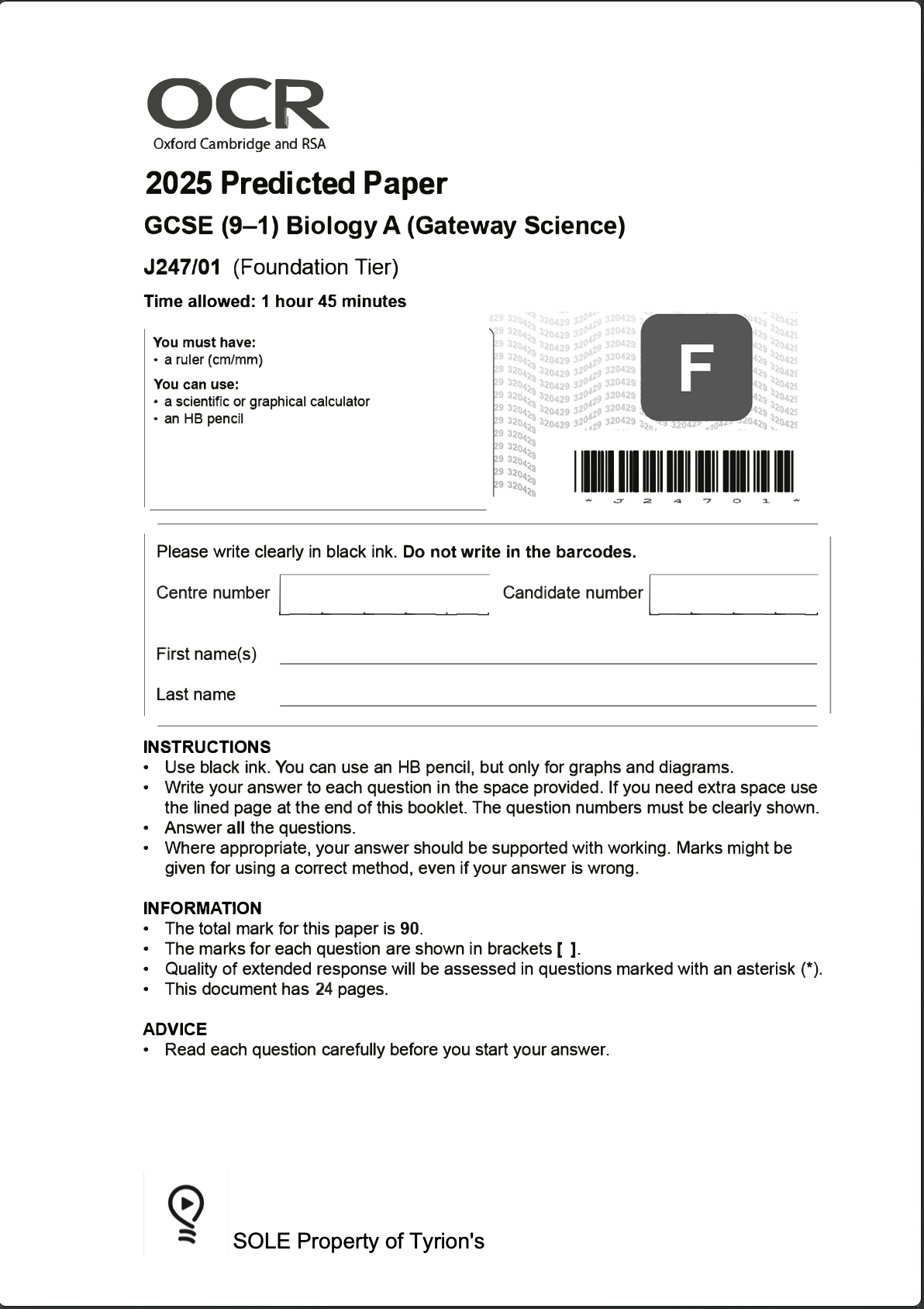 OCR GCSE Biology A Foundation 2025 Predicted Papers J247