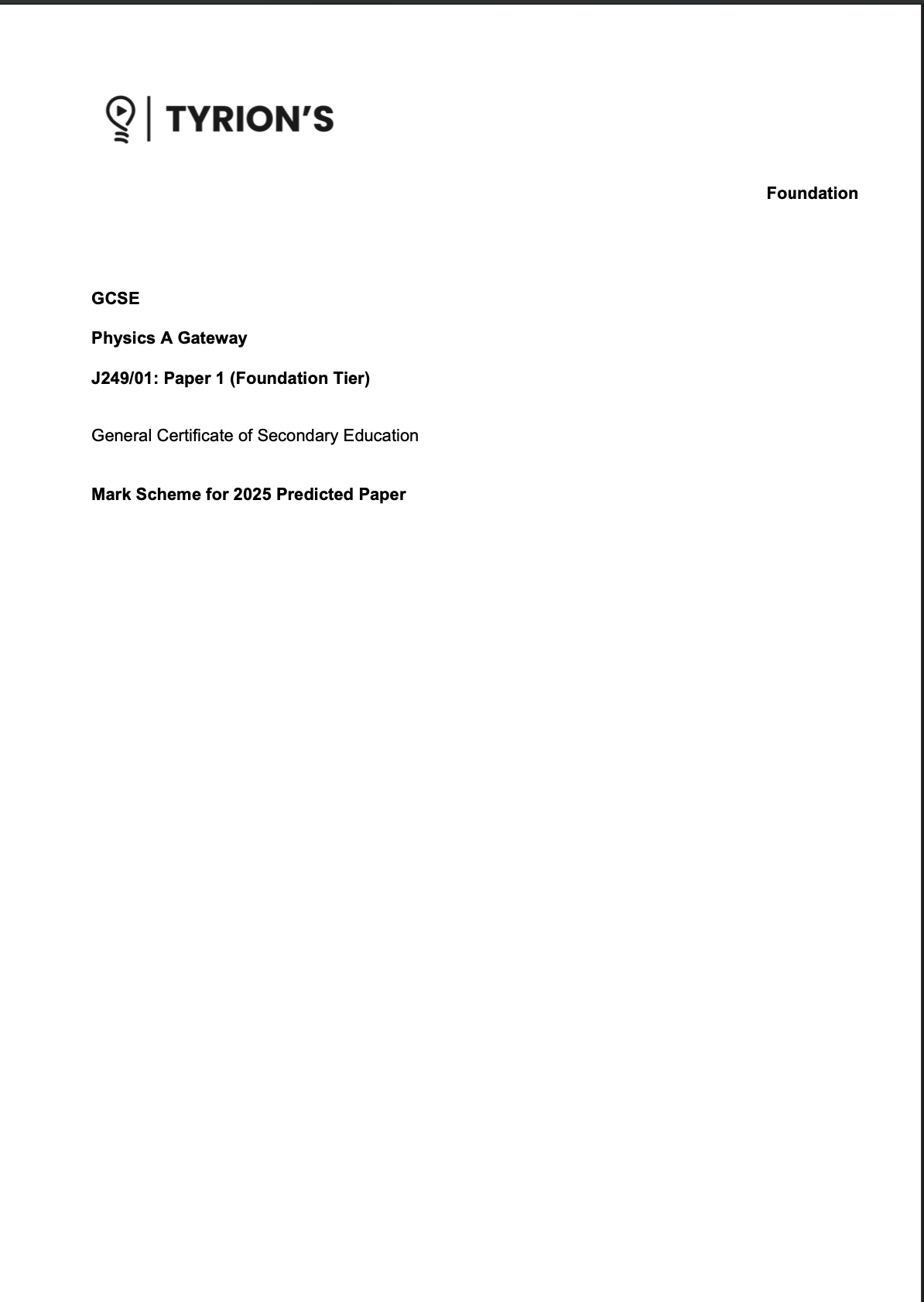 OCR GCSE Physics A Foundation 2025 Predicted Papers J249