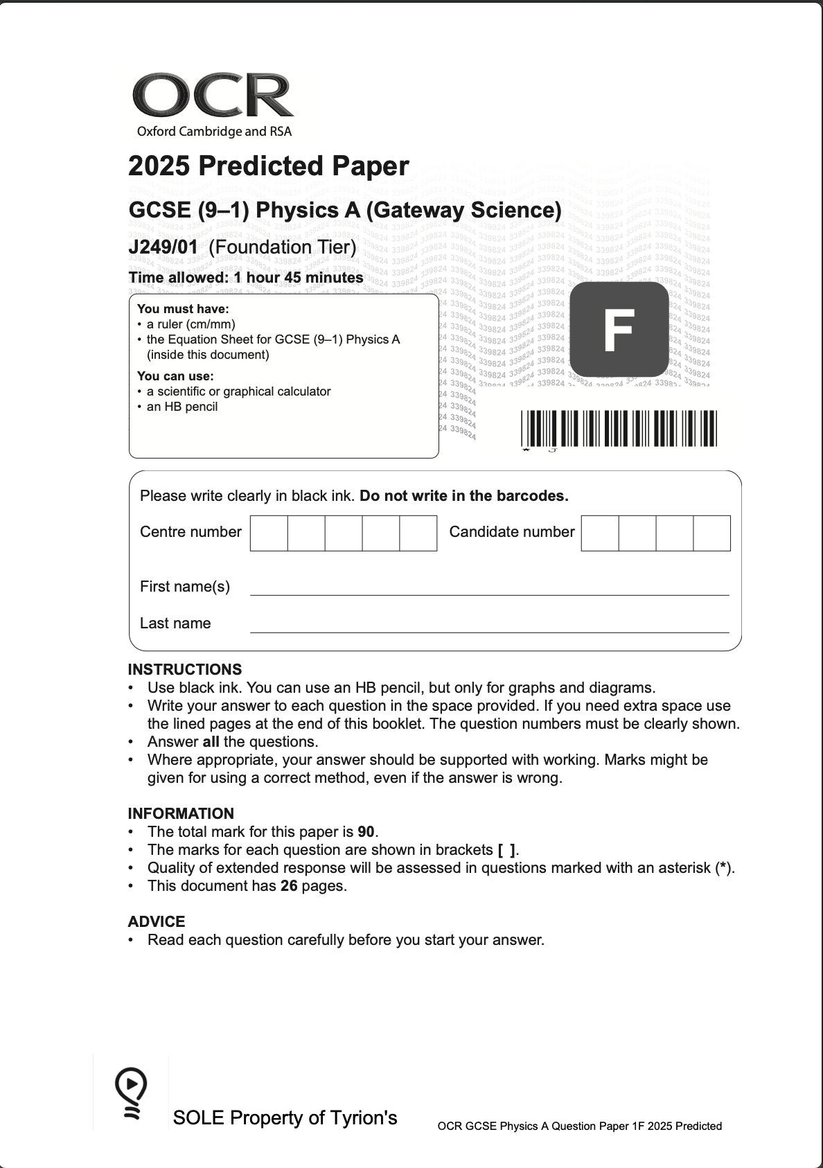OCR GCSE Physics A Foundation 2025 Predicted Papers J249
