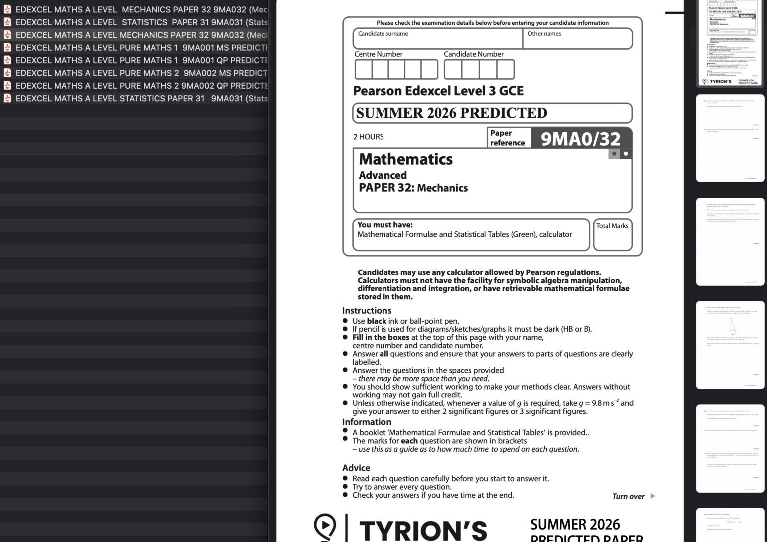 Edexcel A Level Mathematics 2026 Summer Predicted Papers - Tyrion Papers