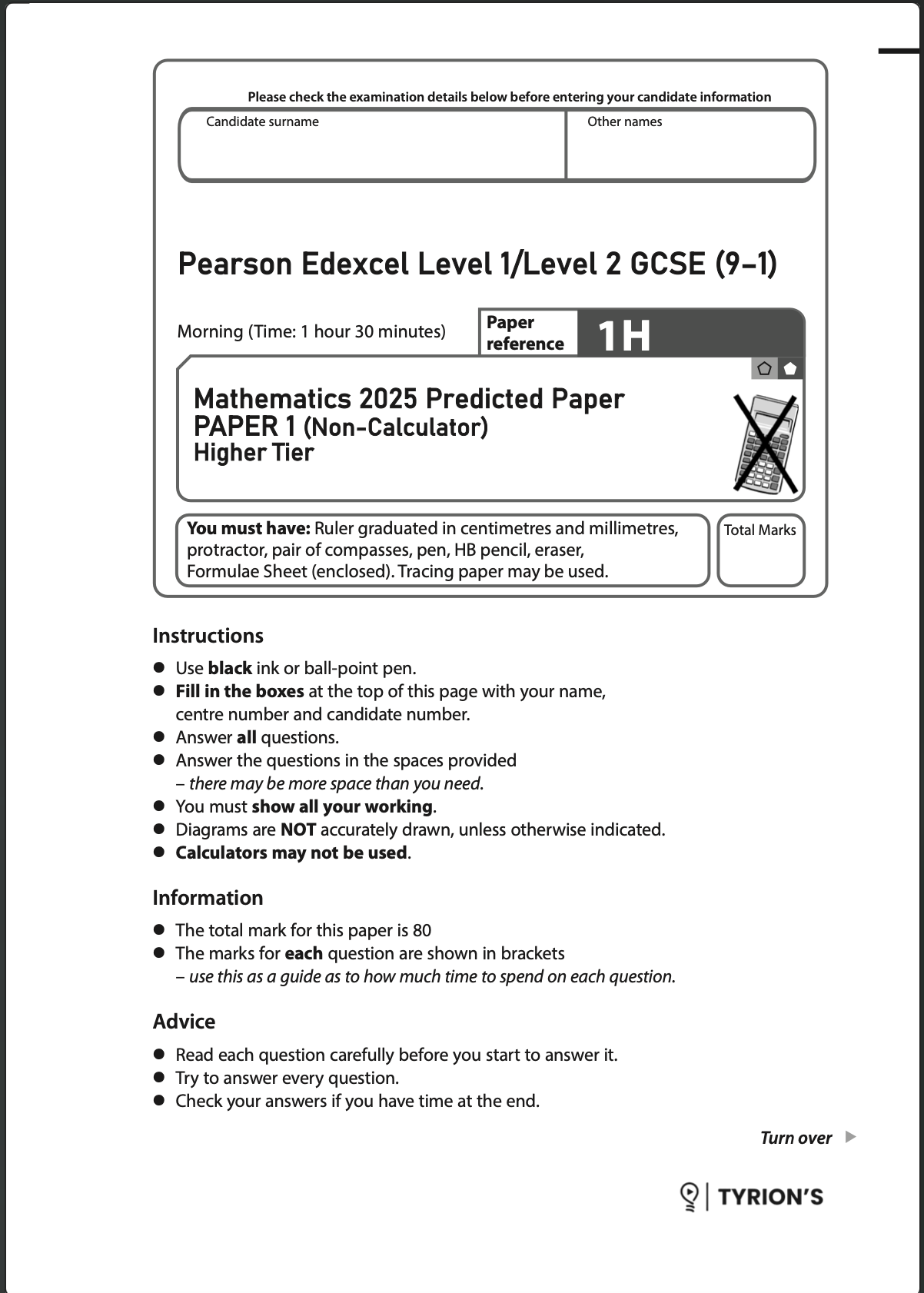Edexcel GCSE Mathematics Higher 2025 Predicted Papers 1MA1