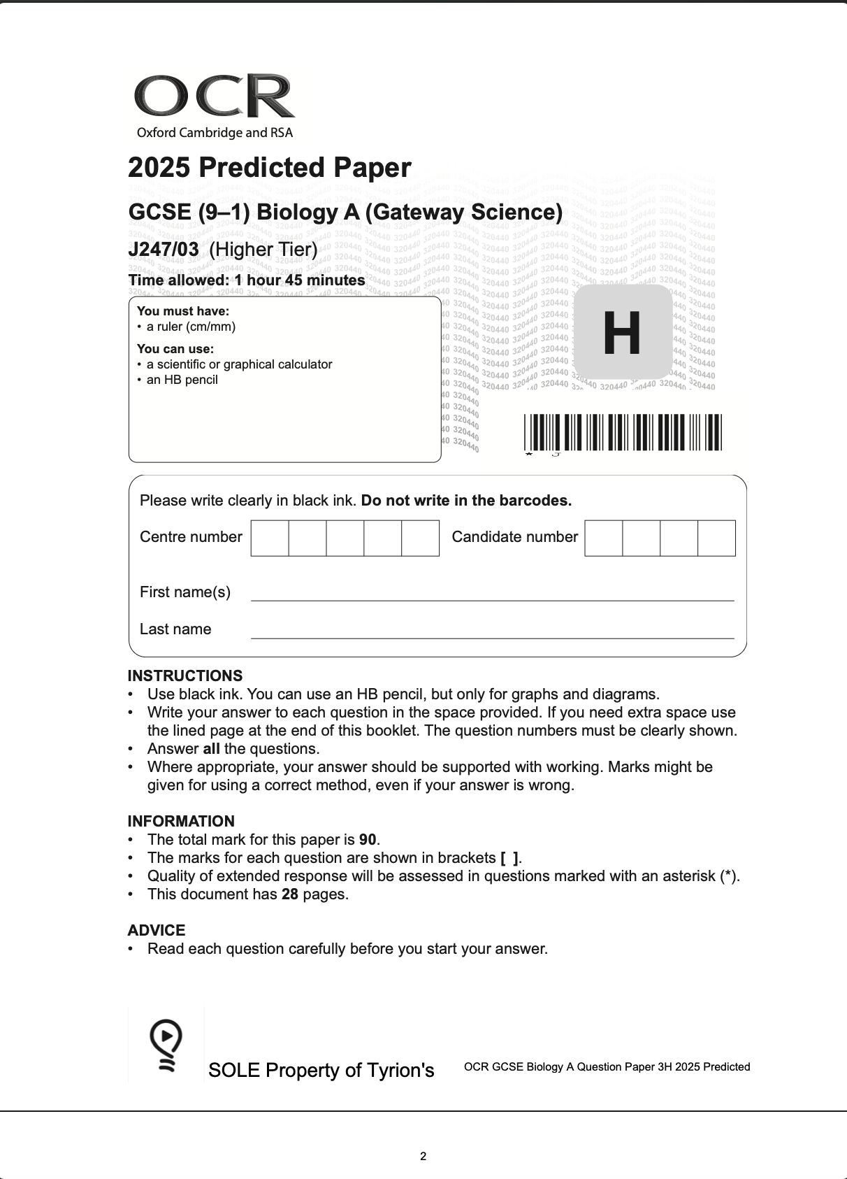 OCR GCSE Biology A Higher 2025 Predicted Papers J247
