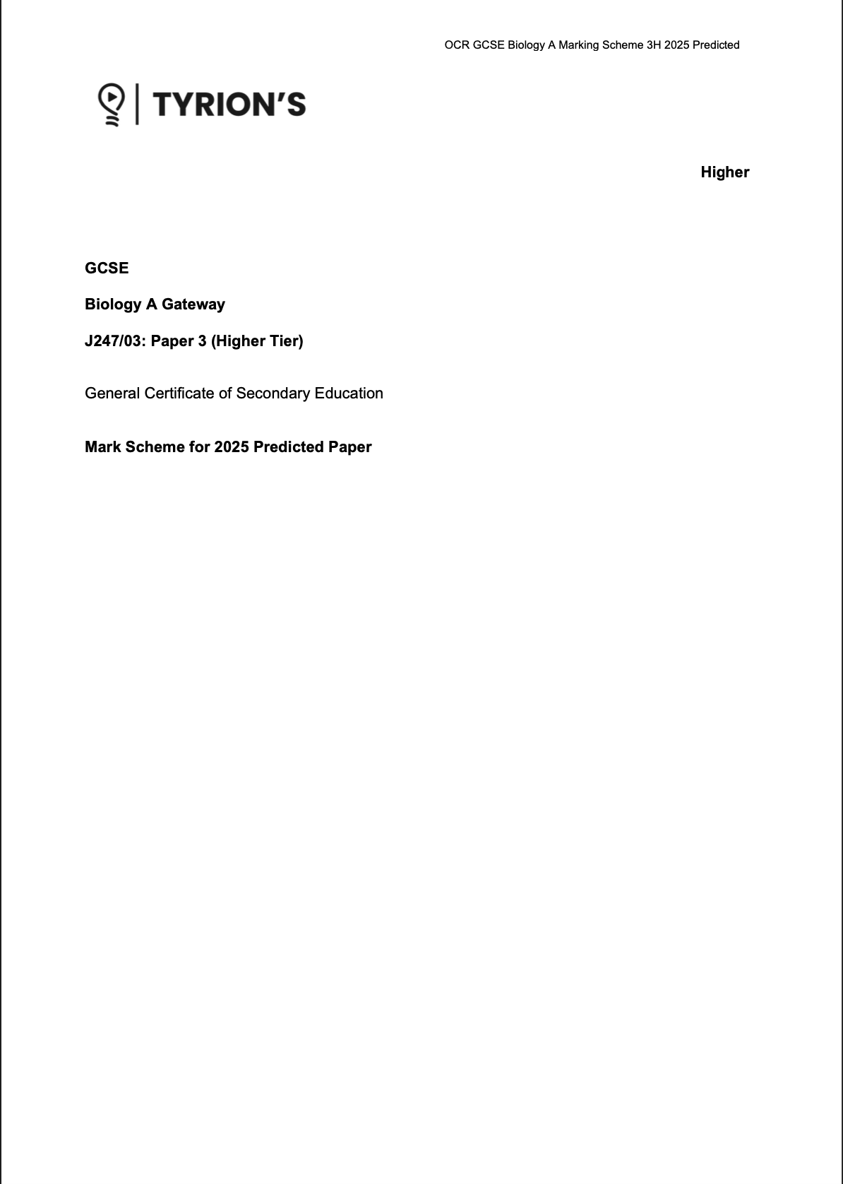 OCR GCSE Biology A Higher 2025 Predicted Papers J247