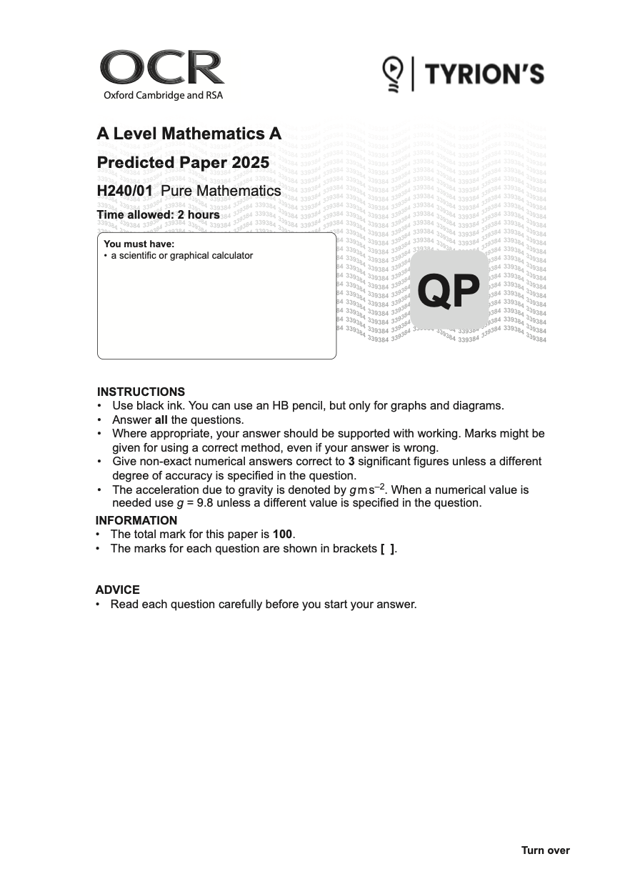 OCR A Level Mathematics 2025 Predicted Papers