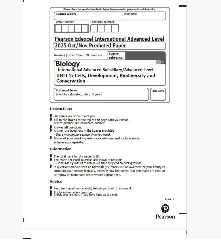 Edexcel International AS Biology 2025 Oct/Nov 2025 Predicted Papers & schemes