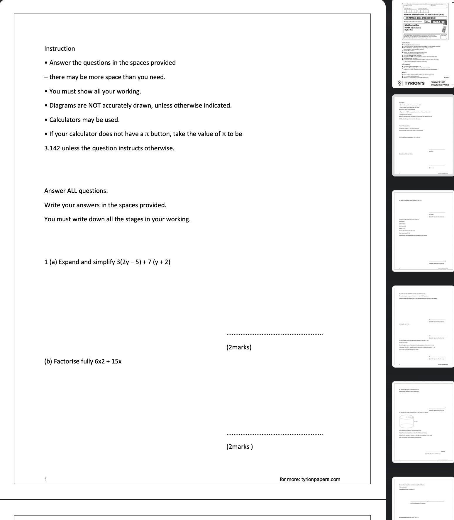 Edexcel GCSE Mathematics Higher 2026 Predicted Papers - Image 3