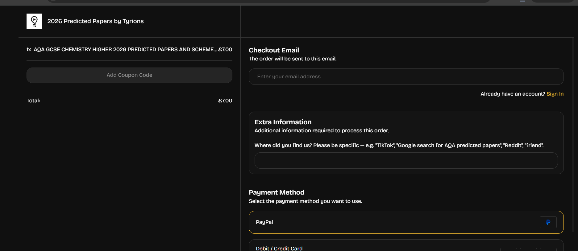Billgang checkout page with email and payment method fields