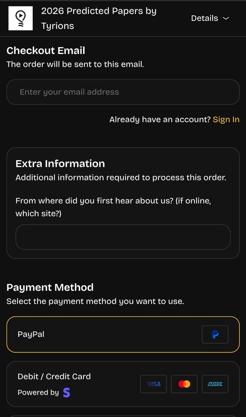 Mobile Billgang checkout showing Details button at the top right