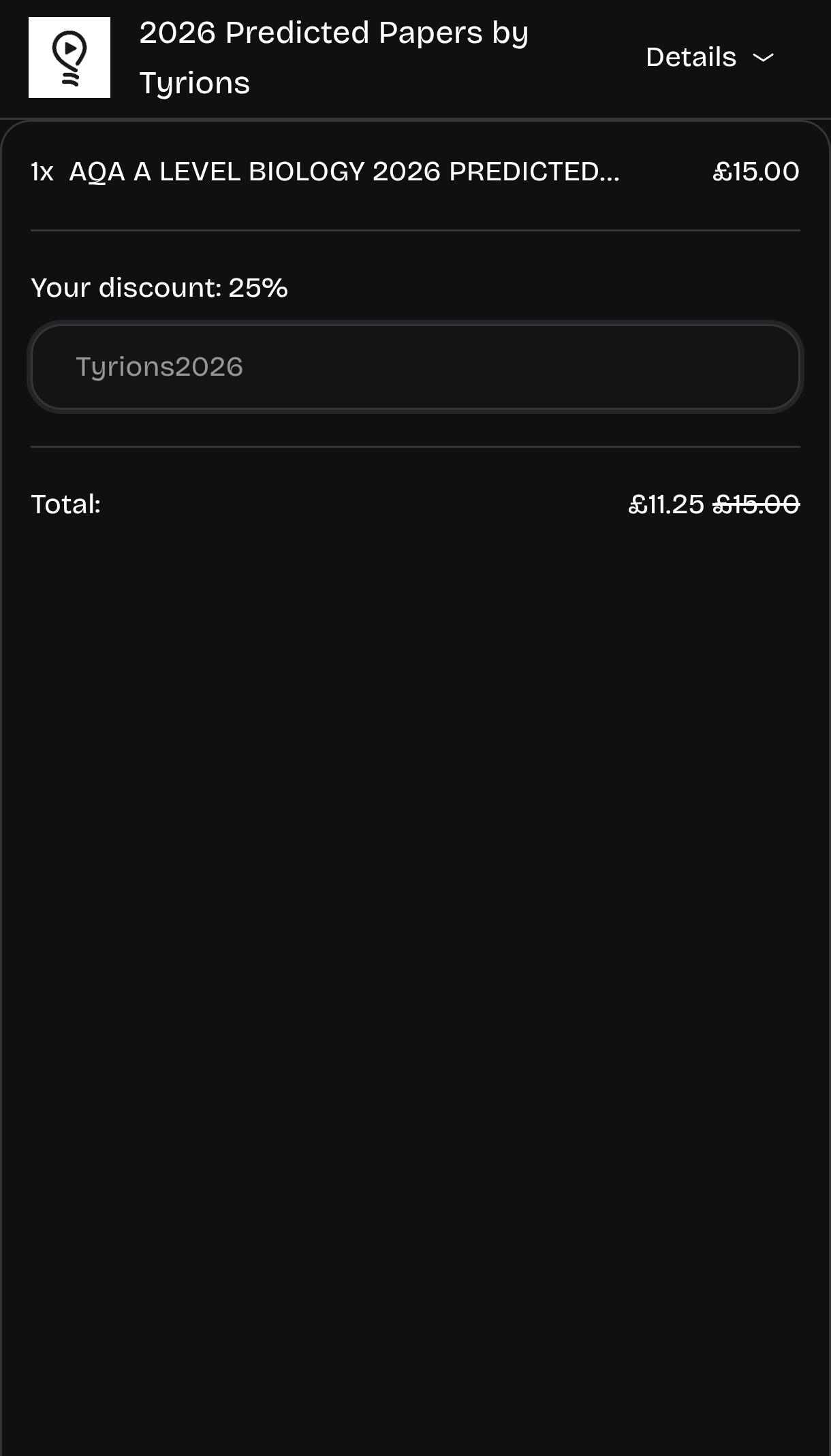 Mobile coupon code field opened via Details button