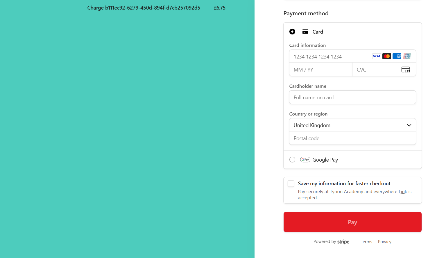 Stripe payment page for entering card details