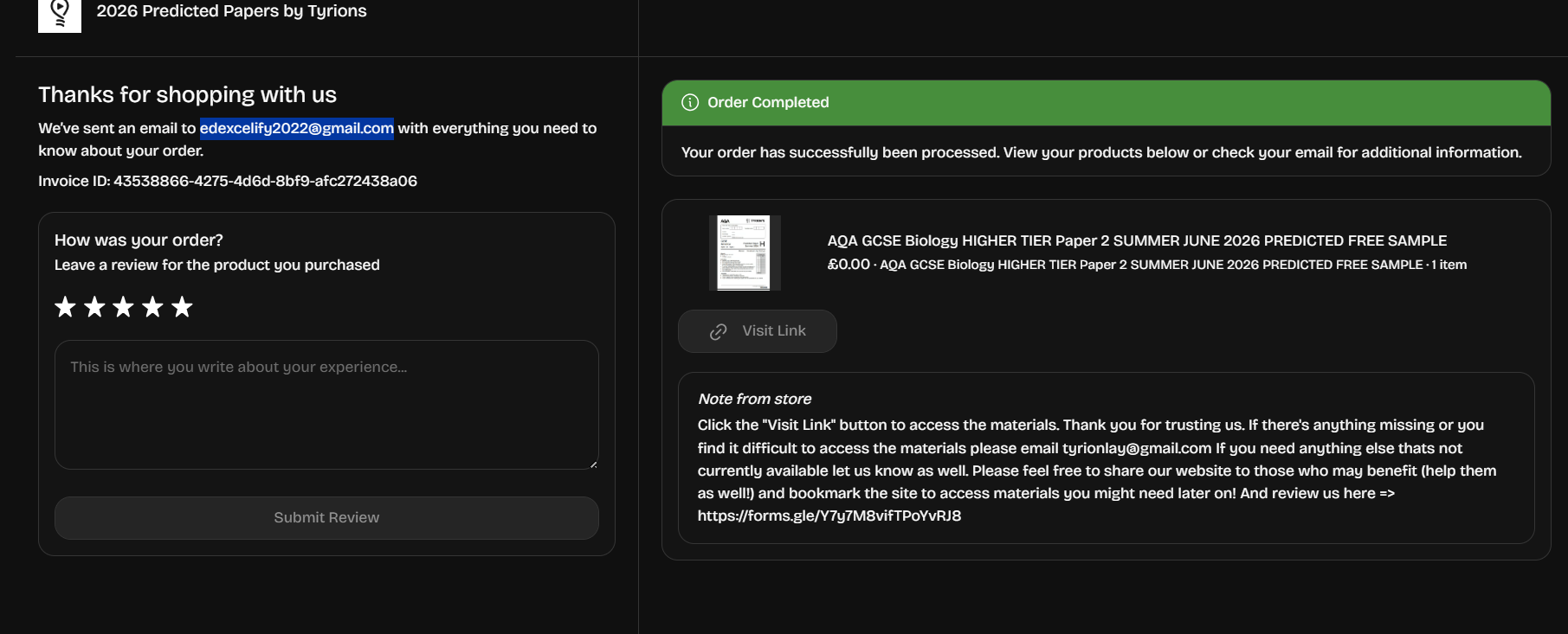 Tyrion Papers thank-you page with Visit button to access files