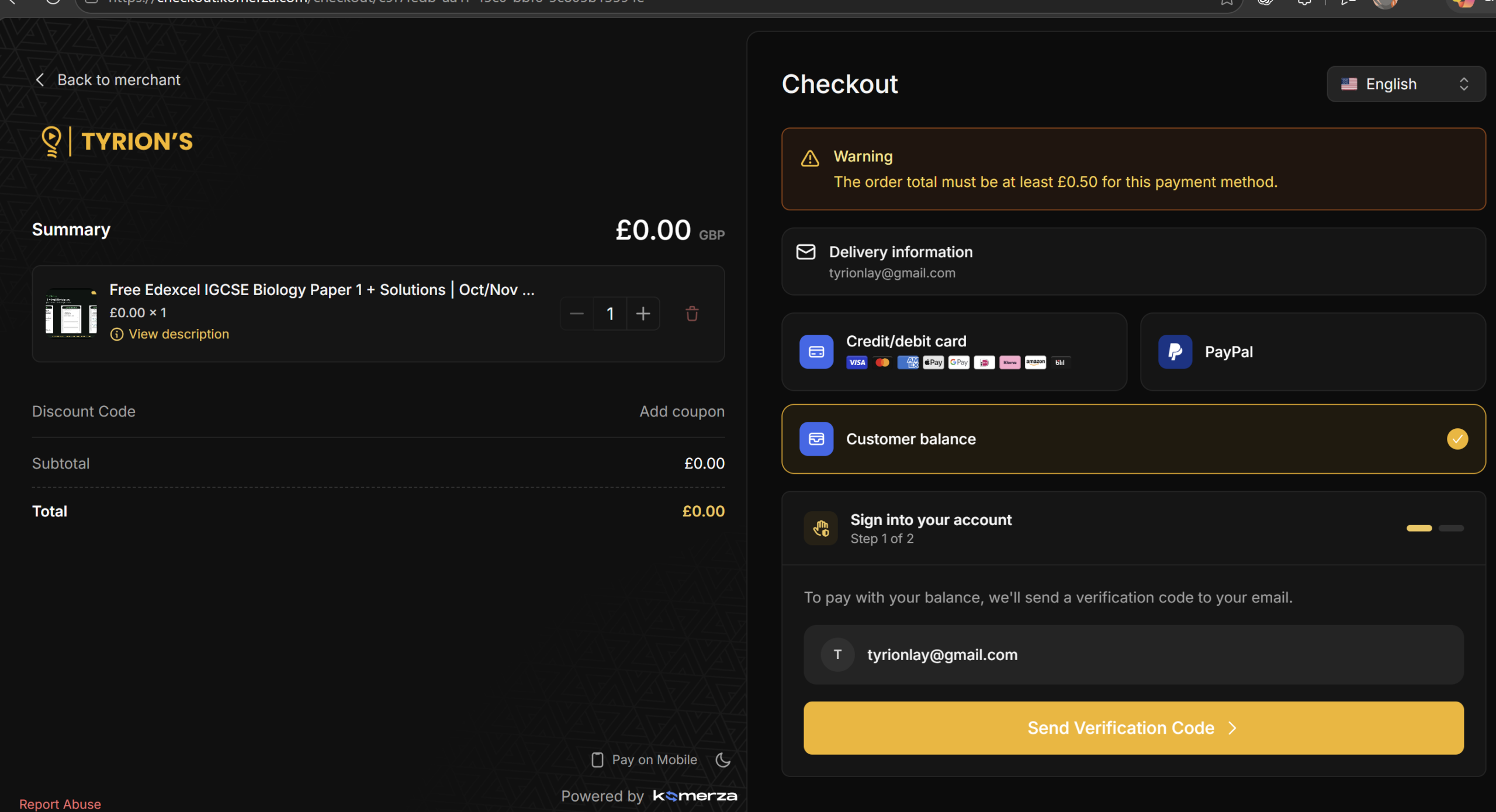 Komerza checkout showing credit card, PayPal, Customer balance and the £0.50 minimum order warning