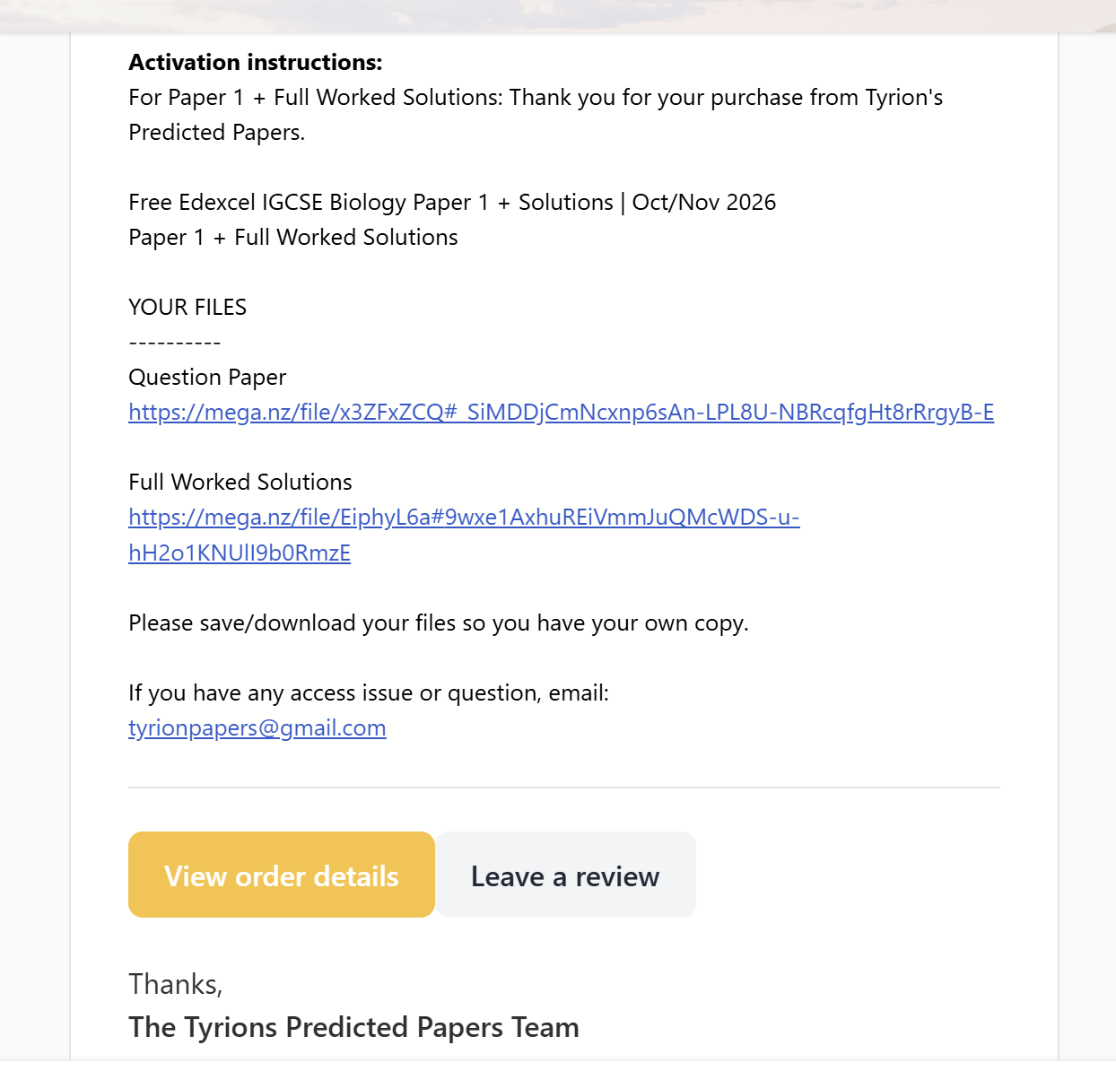 Komerza delivery email containing predicted question paper and worked solution download links