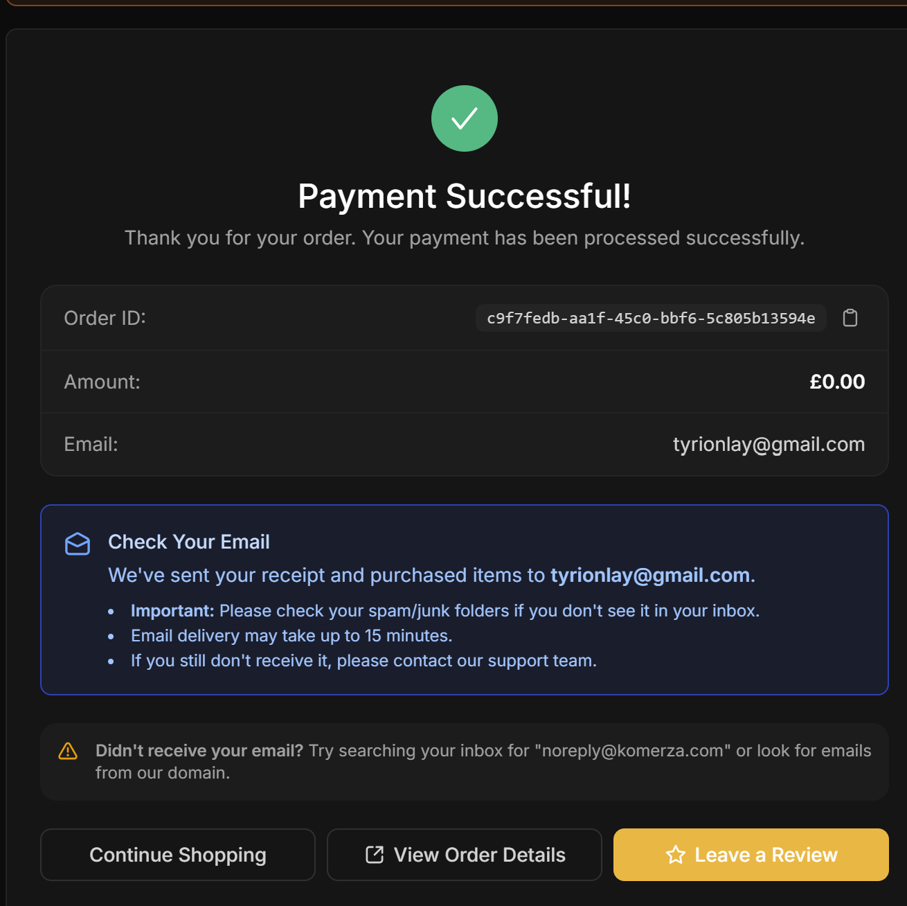 Komerza payment successful confirmation screen showing an order ID and email delivery notice
