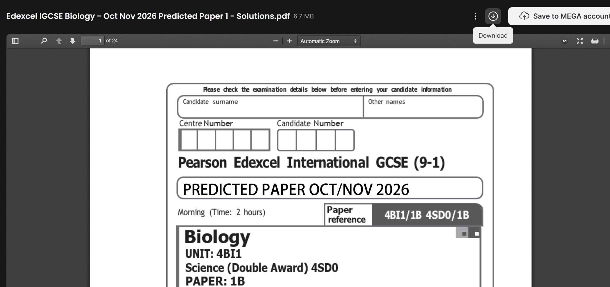 MEGA PDF viewer with the predicted paper download button highlighted at the top right